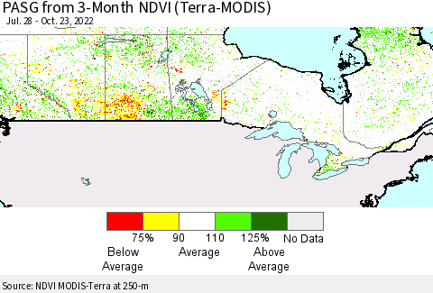 Canada PASG from 3-Month NDVI (Terra-MODIS) Thematic Map For 10/16/2022 - 10/23/2022