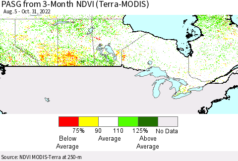 Canada PASG from 3-Month NDVI (Terra-MODIS) Thematic Map For 10/24/2022 - 10/31/2022