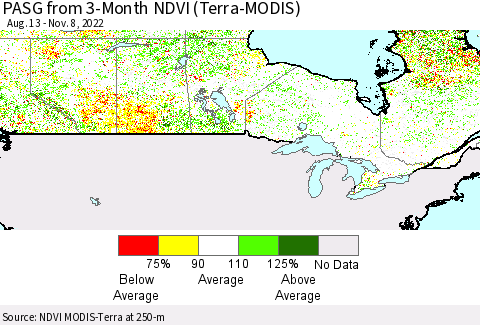 Canada PASG from 3-Month NDVI (Terra-MODIS) Thematic Map For 11/1/2022 - 11/8/2022