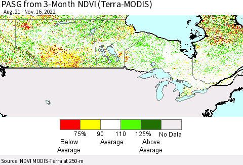 Canada PASG from 3-Month NDVI (Terra-MODIS) Thematic Map For 11/9/2022 - 11/16/2022