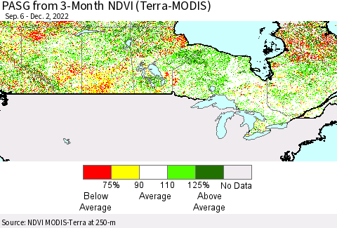 Canada PASG from 3-Month NDVI (Terra-MODIS) Thematic Map For 11/25/2022 - 12/2/2022