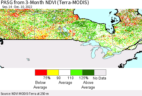 Canada PASG from 3-Month NDVI (Terra-MODIS) Thematic Map For 12/3/2022 - 12/10/2022
