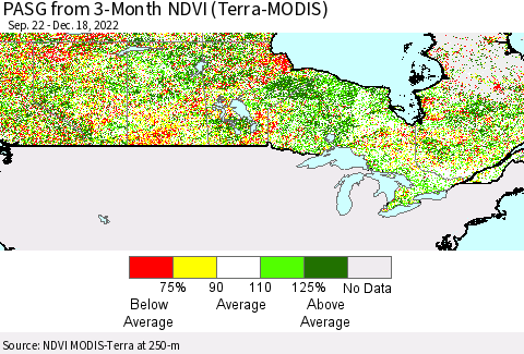Canada PASG from 3-Month NDVI (Terra-MODIS) Thematic Map For 12/11/2022 - 12/18/2022