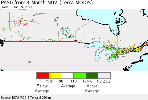 Canada PASG from 3-Month NDVI (Terra-MODIS) Thematic Map For 1/17/2023 - 1/24/2023