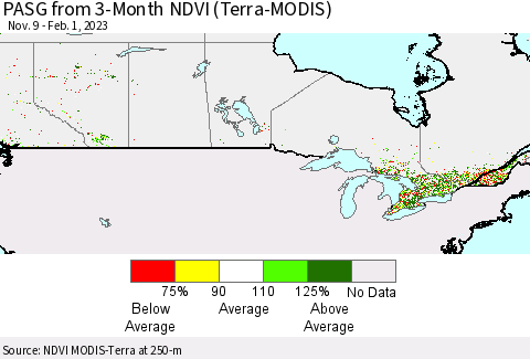 Canada PASG from 3-Month NDVI (Terra-MODIS) Thematic Map For 1/25/2023 - 2/1/2023