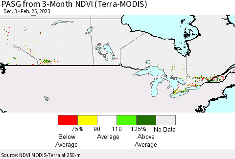 Canada PASG from 3-Month NDVI (Terra-MODIS) Thematic Map For 2/18/2023 - 2/25/2023