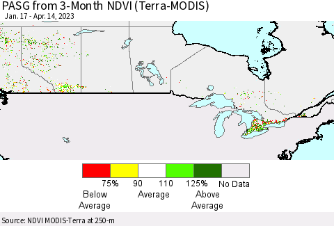 Canada PASG from 3-Month NDVI (Terra-MODIS) Thematic Map For 4/7/2023 - 4/14/2023
