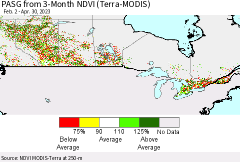 Canada PASG from 3-Month NDVI (Terra-MODIS) Thematic Map For 4/23/2023 - 4/30/2023