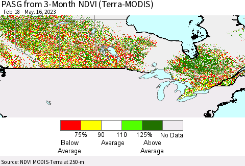 Canada PASG from 3-Month NDVI (Terra-MODIS) Thematic Map For 5/9/2023 - 5/16/2023
