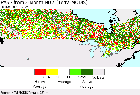Canada PASG from 3-Month NDVI (Terra-MODIS) Thematic Map For 5/25/2023 - 6/1/2023