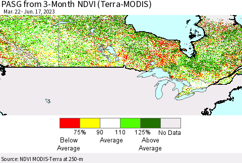 Canada PASG from 3-Month NDVI (Terra-MODIS) Thematic Map For 6/10/2023 - 6/17/2023
