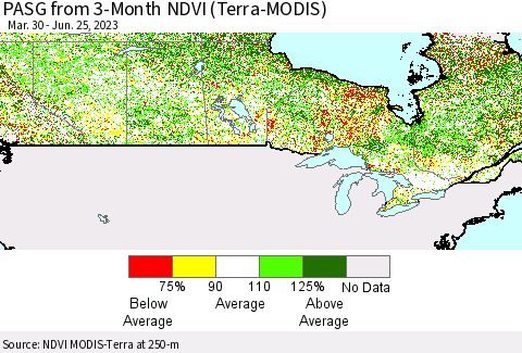 Canada PASG from 3-Month NDVI (Terra-MODIS) Thematic Map For 6/18/2023 - 6/25/2023