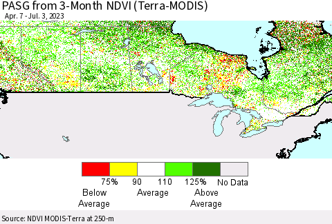 Canada PASG from 3-Month NDVI (Terra-MODIS) Thematic Map For 6/26/2023 - 7/3/2023