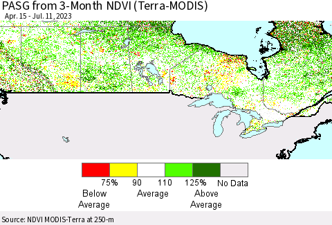 Canada PASG from 3-Month NDVI (Terra-MODIS) Thematic Map For 7/4/2023 - 7/11/2023