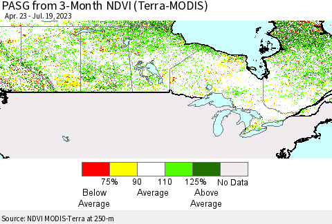 Canada PASG from 3-Month NDVI (Terra-MODIS) Thematic Map For 7/12/2023 - 7/19/2023