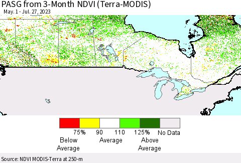Canada PASG from 3-Month NDVI (Terra-MODIS) Thematic Map For 7/20/2023 - 7/27/2023