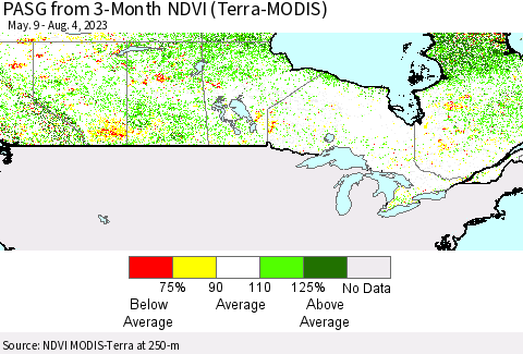 Canada PASG from 3-Month NDVI (Terra-MODIS) Thematic Map For 7/28/2023 - 8/4/2023