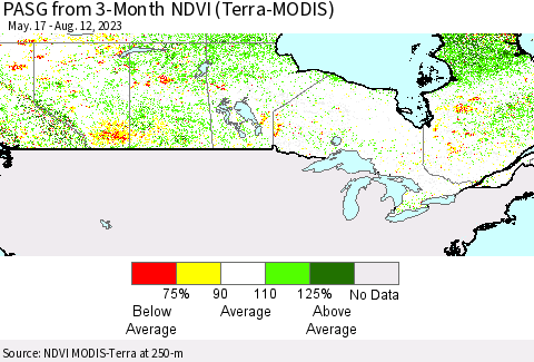Canada PASG from 3-Month NDVI (Terra-MODIS) Thematic Map For 8/5/2023 - 8/12/2023