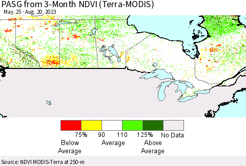 Canada PASG from 3-Month NDVI (Terra-MODIS) Thematic Map For 8/13/2023 - 8/20/2023
