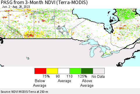 Canada PASG from 3-Month NDVI (Terra-MODIS) Thematic Map For 8/21/2023 - 8/28/2023