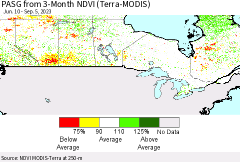 Canada PASG from 3-Month NDVI (Terra-MODIS) Thematic Map For 8/29/2023 - 9/5/2023