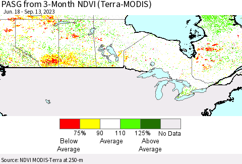 Canada PASG from 3-Month NDVI (Terra-MODIS) Thematic Map For 9/6/2023 - 9/13/2023