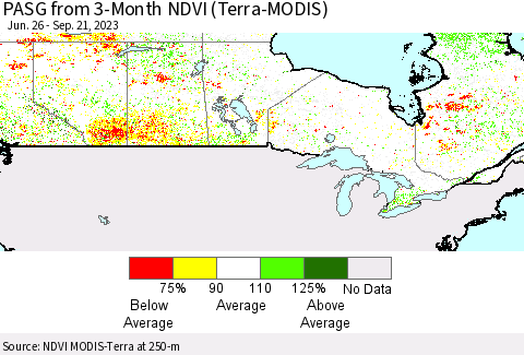 Canada PASG from 3-Month NDVI (Terra-MODIS) Thematic Map For 9/14/2023 - 9/21/2023