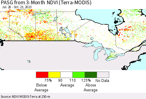 Canada PASG from 3-Month NDVI (Terra-MODIS) Thematic Map For 10/16/2023 - 10/23/2023