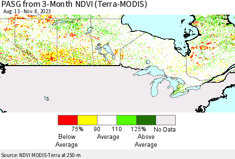 Canada PASG from 3-Month NDVI (Terra-MODIS) Thematic Map For 11/1/2023 - 11/8/2023