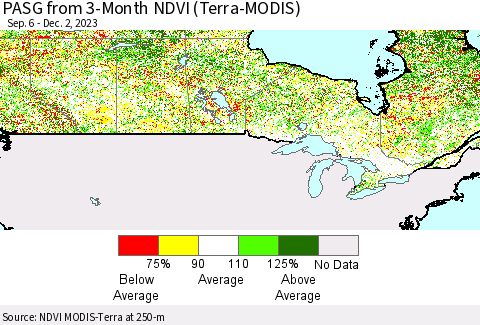 Canada PASG from 3-Month NDVI (Terra-MODIS) Thematic Map For 11/25/2023 - 12/2/2023