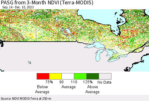 Canada PASG from 3-Month NDVI (Terra-MODIS) Thematic Map For 12/3/2023 - 12/10/2023
