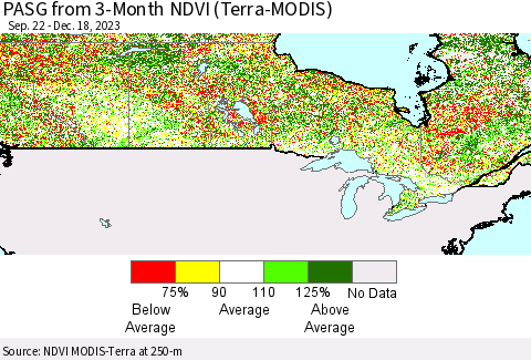 Canada PASG from 3-Month NDVI (Terra-MODIS) Thematic Map For 12/11/2023 - 12/18/2023