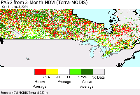 Canada PASG from 3-Month NDVI (Terra-MODIS) Thematic Map For 12/27/2023 - 1/3/2024