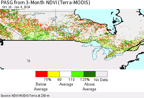 Canada PASG from 3-Month NDVI (Terra-MODIS) Thematic Map For 1/1/2024 - 1/8/2024