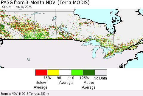 Canada PASG from 3-Month NDVI (Terra-MODIS) Thematic Map For 1/9/2024 - 1/16/2024