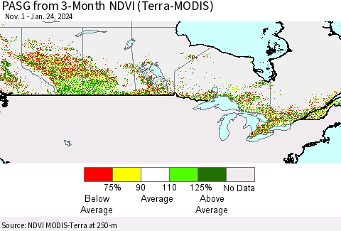 Canada PASG from 3-Month NDVI (Terra-MODIS) Thematic Map For 1/17/2024 - 1/24/2024