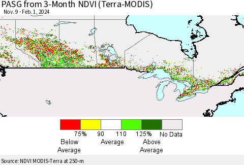 Canada PASG from 3-Month NDVI (Terra-MODIS) Thematic Map For 1/25/2024 - 2/1/2024