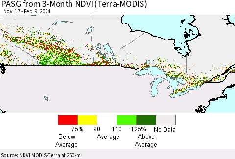 Canada PASG from 3-Month NDVI (Terra-MODIS) Thematic Map For 2/2/2024 - 2/9/2024