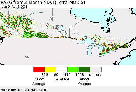 Canada PASG from 3-Month NDVI (Terra-MODIS) Thematic Map For 3/29/2024 - 4/5/2024