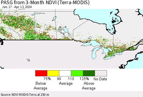 Canada PASG from 3-Month NDVI (Terra-MODIS) Thematic Map For 4/6/2024 - 4/13/2024