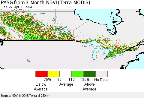 Canada PASG from 3-Month NDVI (Terra-MODIS) Thematic Map For 4/14/2024 - 4/21/2024
