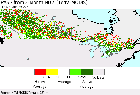 Canada PASG from 3-Month NDVI (Terra-MODIS) Thematic Map For 4/22/2024 - 4/29/2024