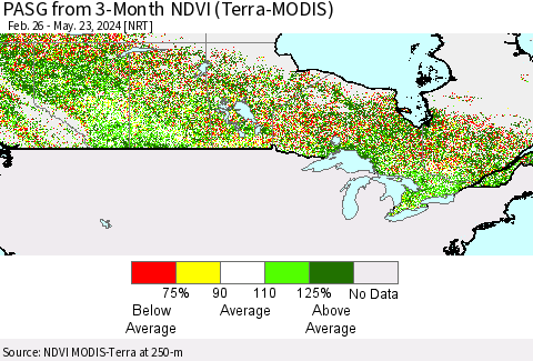 Canada PASG from 3-Month NDVI (Terra-MODIS) Thematic Map For 5/16/2024 - 5/23/2024
