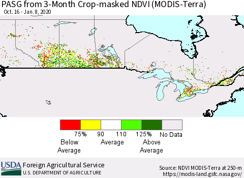 Canada PASG from 3-Month Cropland NDVI (Terra-MODIS) Thematic Map For 1/1/2020 - 1/10/2020