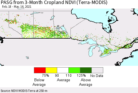 Canada PASG from 3-Month Cropland NDVI (Terra-MODIS) Thematic Map For 5/9/2021 - 5/16/2021
