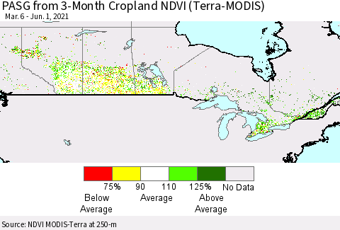 Canada PASG from 3-Month Cropland NDVI (Terra-MODIS) Thematic Map For 5/25/2021 - 6/1/2021
