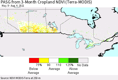 Canada PASG from 3-Month Cropland NDVI (Terra-MODIS) Thematic Map For 7/28/2021 - 8/4/2021