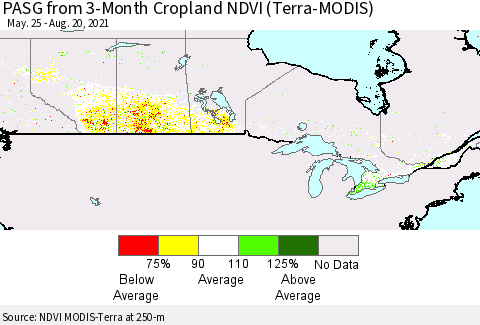 Canada PASG from 3-Month Cropland NDVI (Terra-MODIS) Thematic Map For 8/13/2021 - 8/20/2021