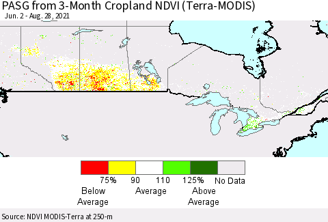 Canada PASG from 3-Month Cropland NDVI (Terra-MODIS) Thematic Map For 8/21/2021 - 8/28/2021