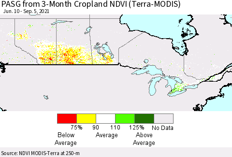 Canada PASG from 3-Month Cropland NDVI (Terra-MODIS) Thematic Map For 8/29/2021 - 9/5/2021